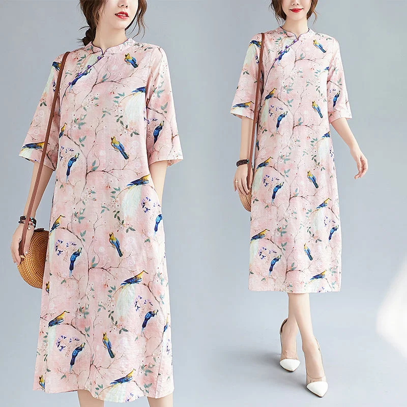 Overstock Sale Plus Size Pink Floral Cheongsam Midi Dress