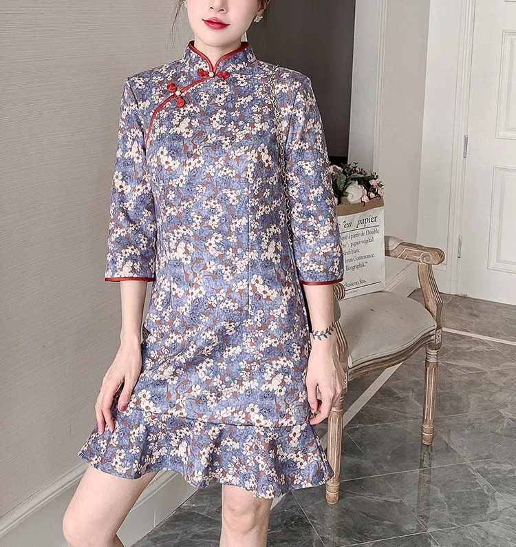 Bargain Prices Plus Size Floral Mermaid Mid Sleeve Dress Cheongsam