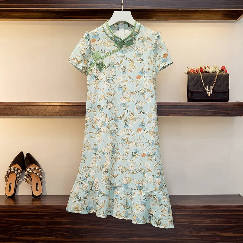 Deal Alert LaSalle Plus Size Green Embroidery Cheongsam Midi Dress