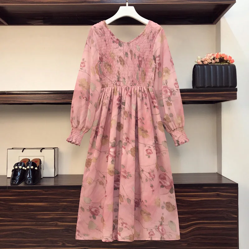 Shop and Save Plus Size Pink Floral Scrunch Bust Long Sleeve Midi Dress