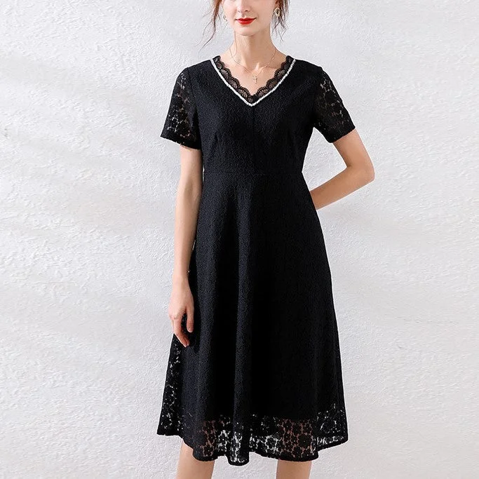 Buy Now Plus size black lace v neck short sleeve dress
