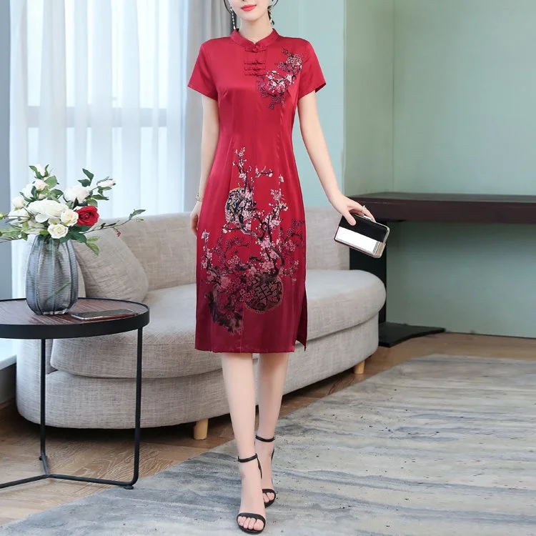Inventory Reduction Plus Size Art Chinese Floral Red Cheongsam Short Sleeve Midi Dress