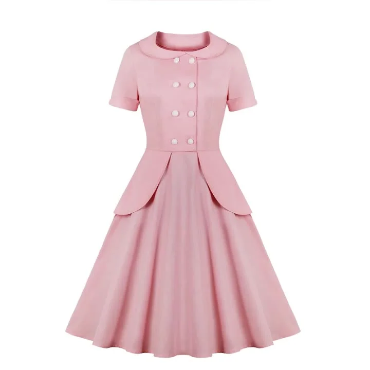 Deal Zone Plus Size Pink Buttons Collar Retro Vintage Short Sleeve Shirt Dress