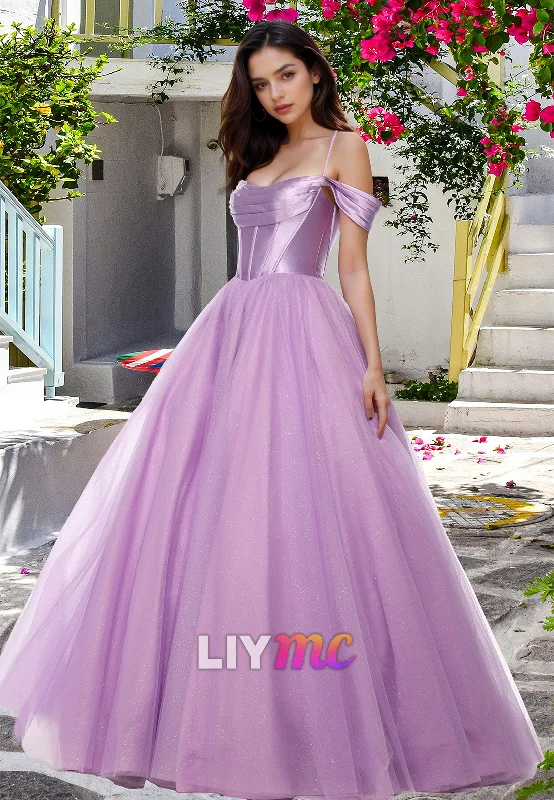 Daily Deals Off-Shoulder Spaghetti Straps Pleated A-Line Prom Dress
