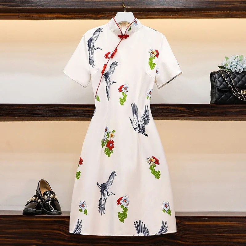 Savings Event Lashae Plus Size White Cranes Cheongsam Dress