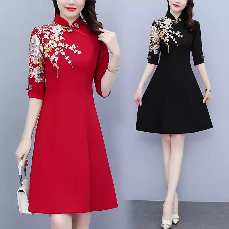 Early Access Plus Size Embroidery Formal Short Sleeve Midi Qipao Dress