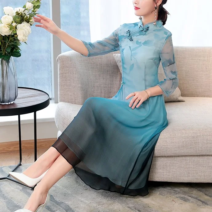 Price Blitz Plus Size Green Swing Floral Cheongsam Mid Sleeve Midi Dress