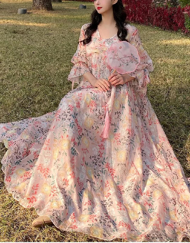 Online Only Plus Size Pink Floral Chiffon Ribbon Tie Long Sleeve Midi Dress