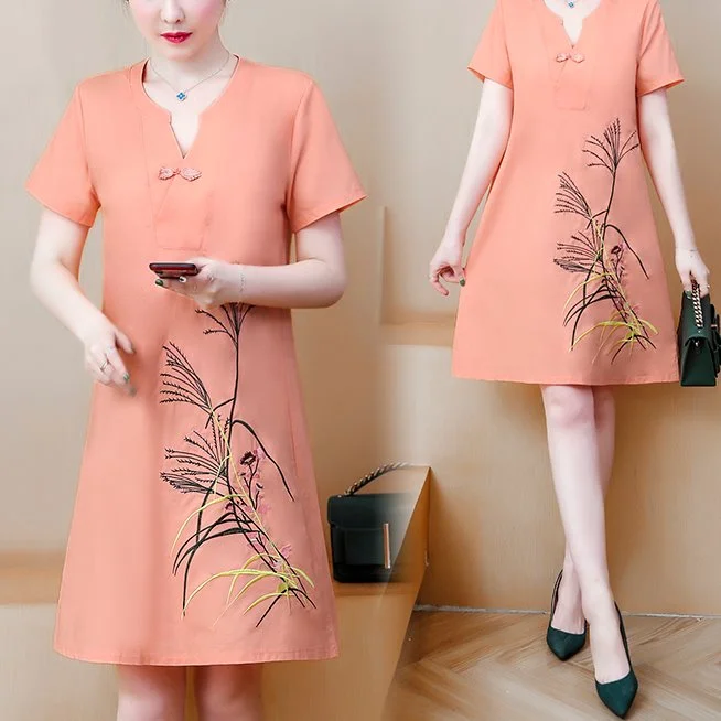 Amazing Deals Plus Size V Neck Orange Embroidery Cheongsam Short Sleeve Dress