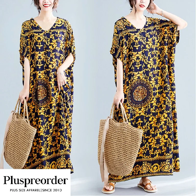 Big Discounts Plus Size Baroque Gold Short Sleeve Maxi Dress