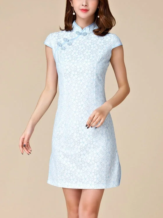 Hot Deal (M-3XL) Kalliopi Pastel Blue Lace Plus Size Cheongsam ShortQipao Dress