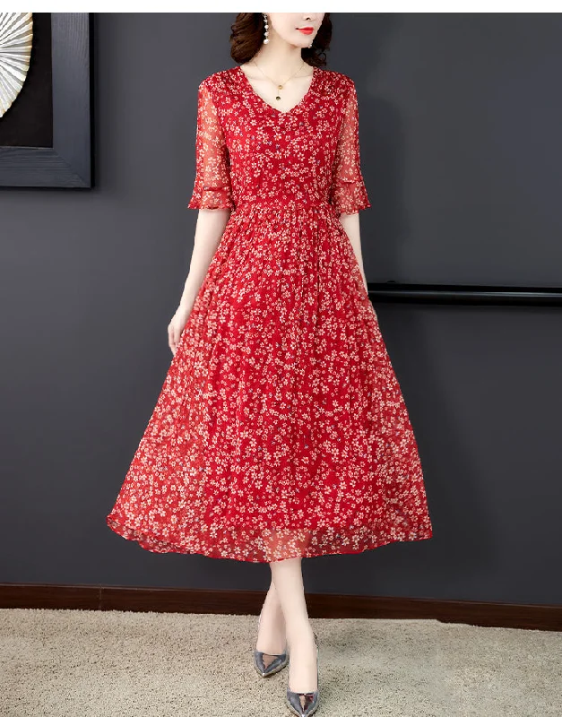Crazy Savings Plus Size Red Floral Chiffon Bell Sleeve Short Sleeve Midi Dress