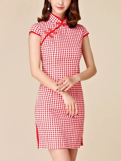 Seasonal Sale (M-3XL) Kalliope Gingham Red Plus Size Cheongsam Qipao Dress
