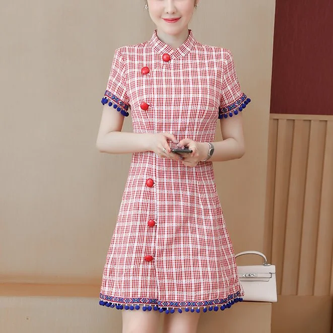 Bargain Blast Plus Size Red Ethnic Big Buttons Short Sleeve Dress Cheongsam