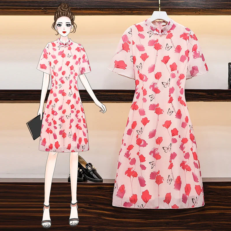 Price Fest Latanya Plus Size Pink Floral Butterfly Cheongsam Dress