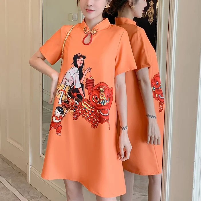 Savings Event Plus Size Young Lunar Lantern Girl Cheongsam Short Sleeve Dress Orange