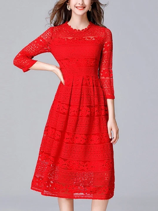 Time-Limited Offer Kaye Red Occasion With Sleeve Lace Midi Dress