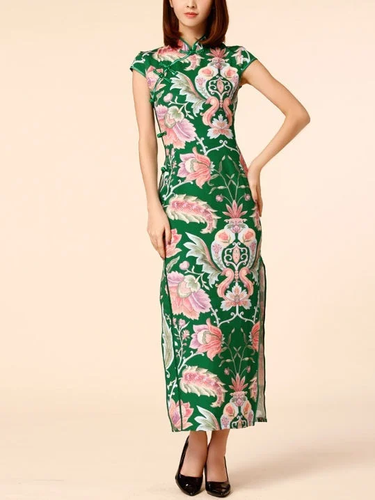 Holiday Sale (M-3XL) Kallie Green Plus Size Cheongsam Qipao Short SleeveMaxi Dress