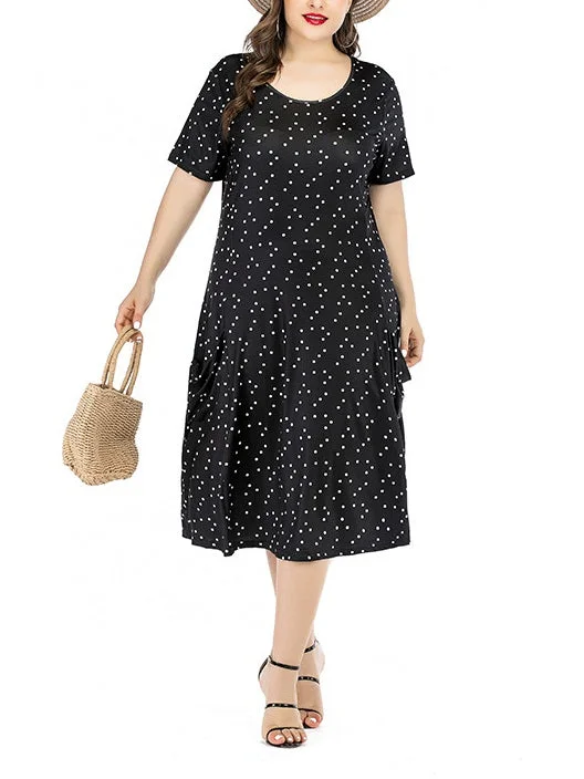 Act Now Wenona Plus Size Black Polka Dots Print Pockets Short Sleeve Midi Dress (EXTRA BIG SIZE) Act Now Wenona Plus Size Black Polka Dots Print Pockets Short Sleeve Midi Dress (EXTRA BIG SIZE)
