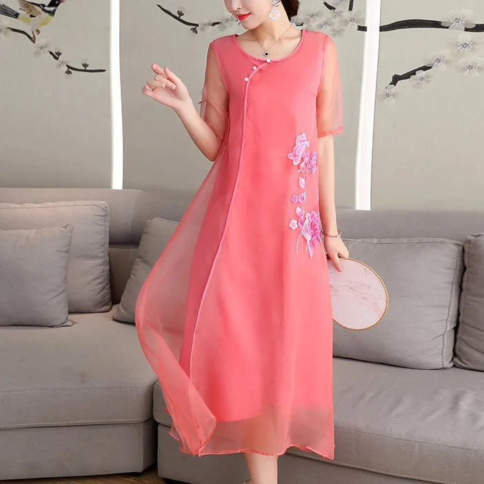 Factory Direct Sale Plus Size Pink Organza Embroidery Cheongsam Short Sleeve Midi Dress