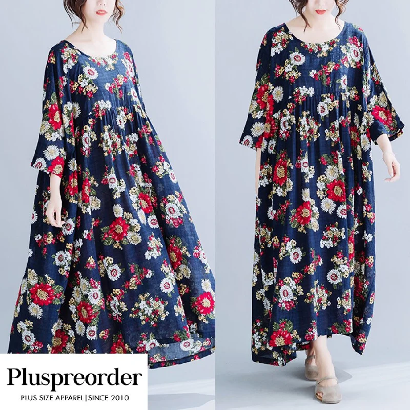 Closeout Plus Size Floral Navy Loose Mid Sleeve Maxi Dress
