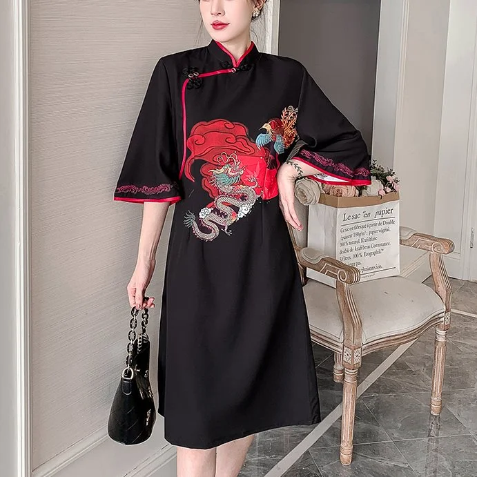 Act Fast Plus Size Black Dragon Wide Cheongsam Mid Sleeve Dress