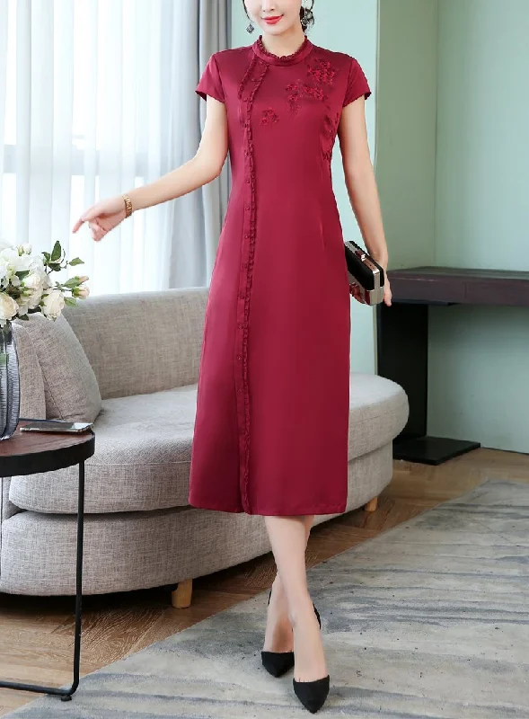 Warehouse Sale Plus Size Sheen Dark Red Cheongsam Short Sleeve Midi Dress