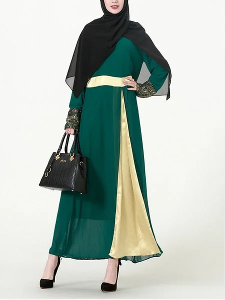 Markdowns (L-7XL) Kim Kima Gold Satin Trim Plus Size Abaya Long Sleeve Maxi Dress