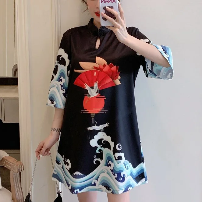 Price Break Plus Size Black Japanese Waves Art Mid Sleeve Dress Cheongsam