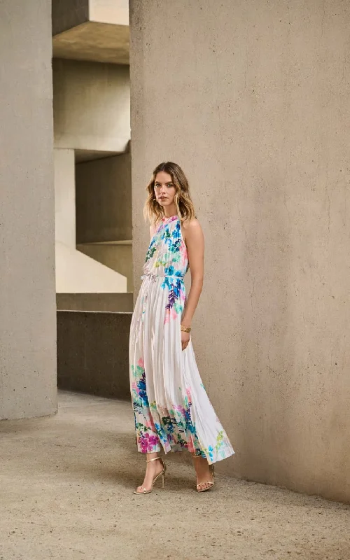 Deal Zone Joseph Ribkoff- Pleated Satin Floral Print Maxi Dress