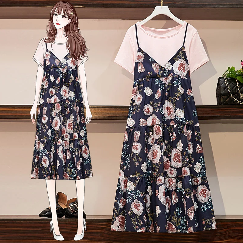Savings Bonanza Latetia Plus Size Pink Short Sleeve T Shirt Top And Floral Sleeveless Midi Dress Set