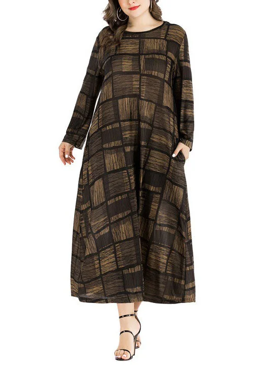 Discount Mania Weasy Plus Size Brown Grid Printed Long Sleeve Maxi Dress (Suitable For Muslim, Muslimah Wear) (EXTRA BIG SIZE) Discount Mania Weasy Plus Size Brown Grid Printed Long Sleeve Maxi Dress (Suitable For Muslim, Muslimah Wear) (EXTRA BIG SIZE)