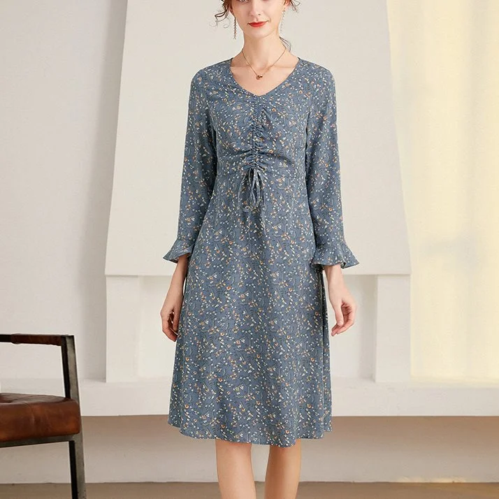 Savings Spectacular Plus Size Blue Floral Gather Chiffon Mid Sleeve Dress