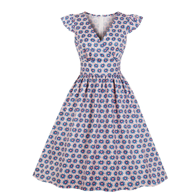 Online Exclusive Plus Size Pink Cap Sleeve Wrap V Neck Vintage Short Sleeve Dress