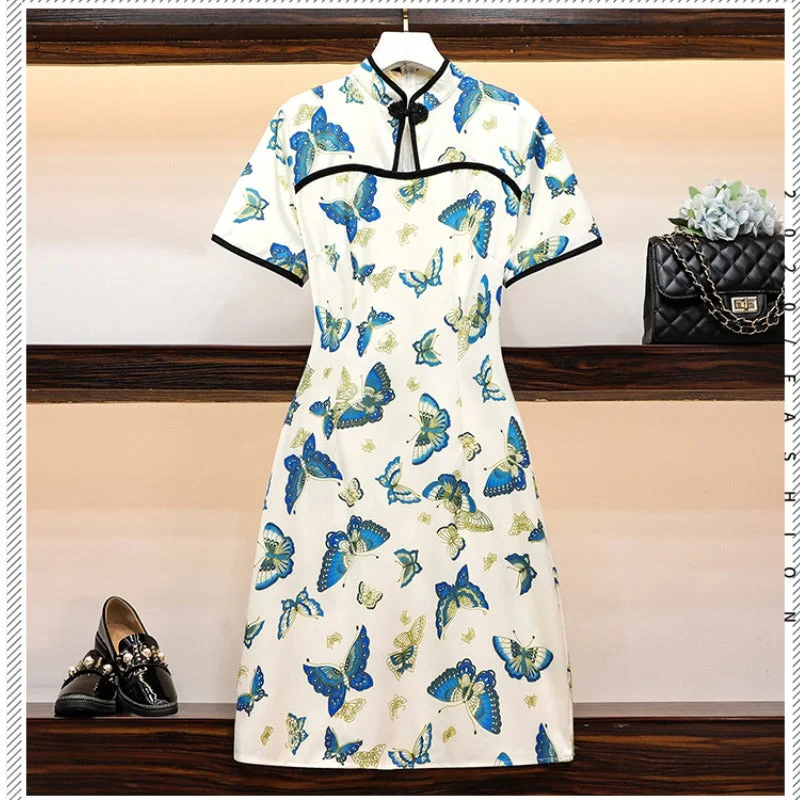 Deal Mania LaShaye Plus Size Modern Blue Butterfly Cheongsam Dress