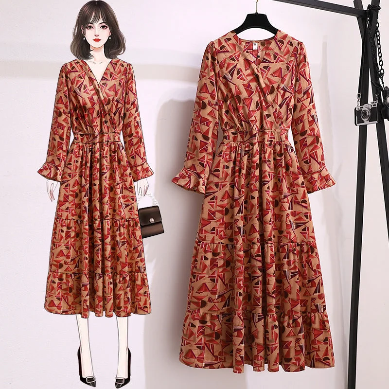 Stock Clearance Plus Size Red Shapes Bell Sleeve Long Sleeve Midi Dress