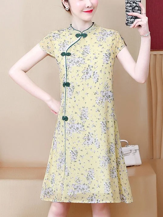 Closeout Sale Plus Size Yellow Floral Cheongsam Dress