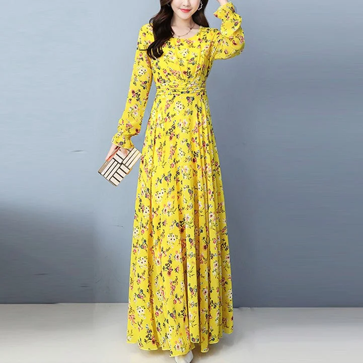Don't Miss Plus Size Chiffon Floral Print Long Sleeve Maxi Dress