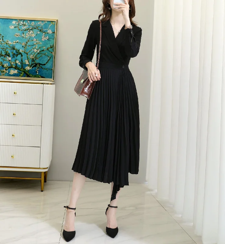 Deal Dash Kizzy Plus Size Formal Wrap Pleated Long Sleeve Shirt Dress