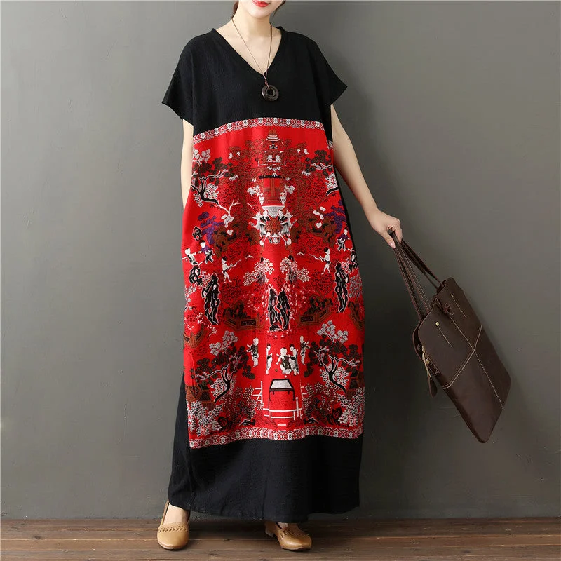 Crazy Deals Plus Size Red Black Chinese Scene Short Sleeve Maxi Dress