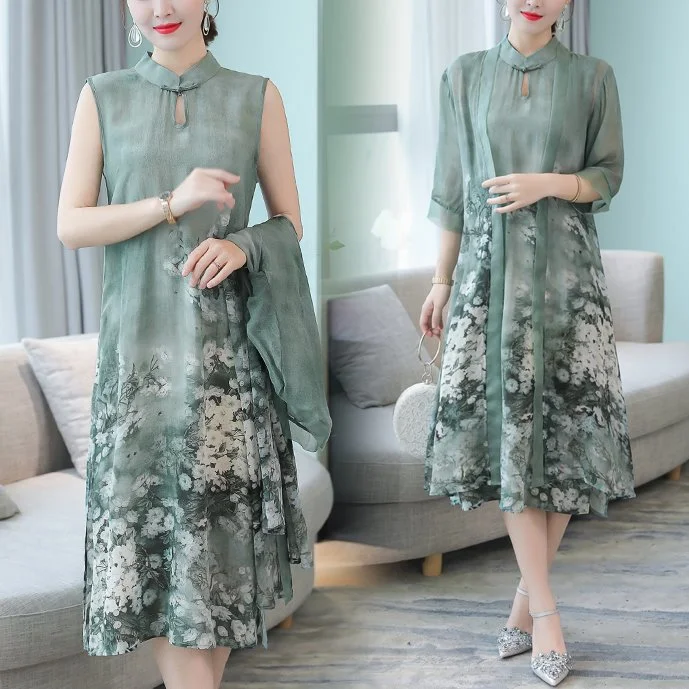 Overstock Sale Plus Size Oriental Green Chiffon Cheongsam Mid Sleeve Midi Dress With Jacket Set