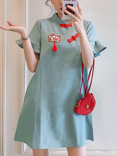 Deal Zone Plus Size Fortune Cat Modern Cheongsam Dress