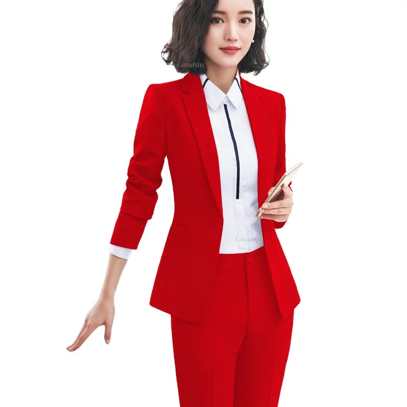 2 Piece Set Simple Formal Pant Suit Blazer with Pockets Office Lady Designs Women Single Button Jacket and Trouser