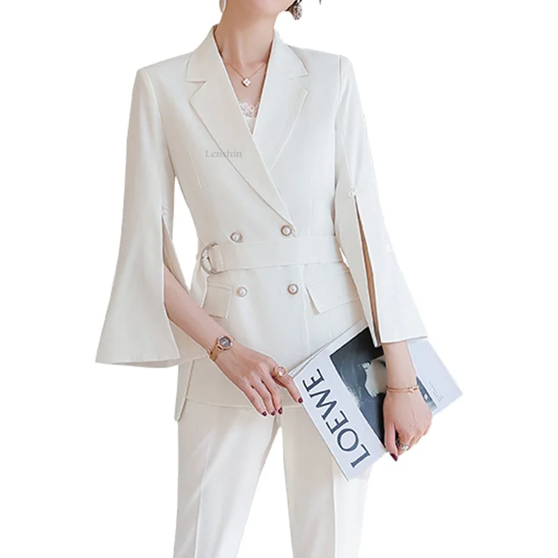 2 Pieces Set Women Split flared sleeves Pant Suit Office Lady Formal Female Soft Double Breasted Blazer with Pant