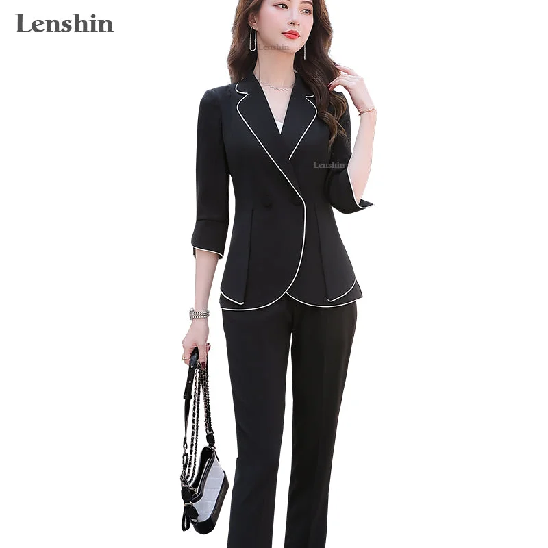 2 Pieces Suit Set Pant Suit Half-sleeve Binding Striped Blazer with Trouser Summer Fashion Style Office Lady Women Work Wear