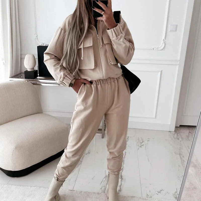 2023 Autumn New Arrival Casual Loose Two Piece Sets Women Zip Up Pullovers And Wide Leg Pants Solid Matching Sets