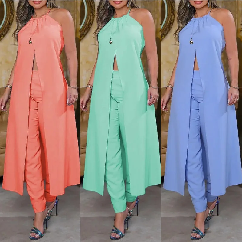 2023 New Solid Sleeveless Front Split Mid length Dress Casual Pants Set