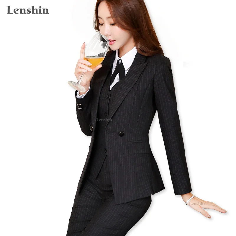 3 Pieces Set High-Quality Black Soft Striped Pant Suits Office Lady Business Uniform Style Women Formal Work Wear