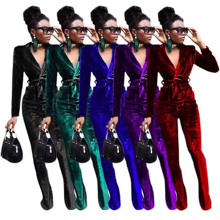 business suit 2023 new arrivals velvet v neck long sleeve shirt and flared pants two piece sweat suits