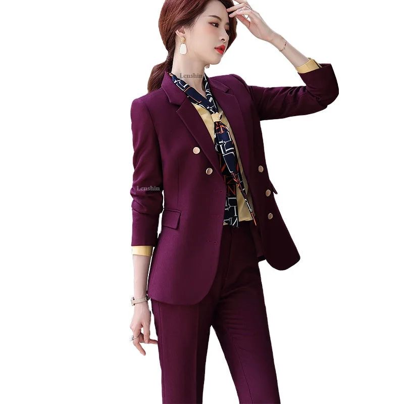 China Factory Direct Sell 2 Piece Suit Set for Women Wine Pant Suits Business Office Lady Work Wear Formal Blazer with Trouser